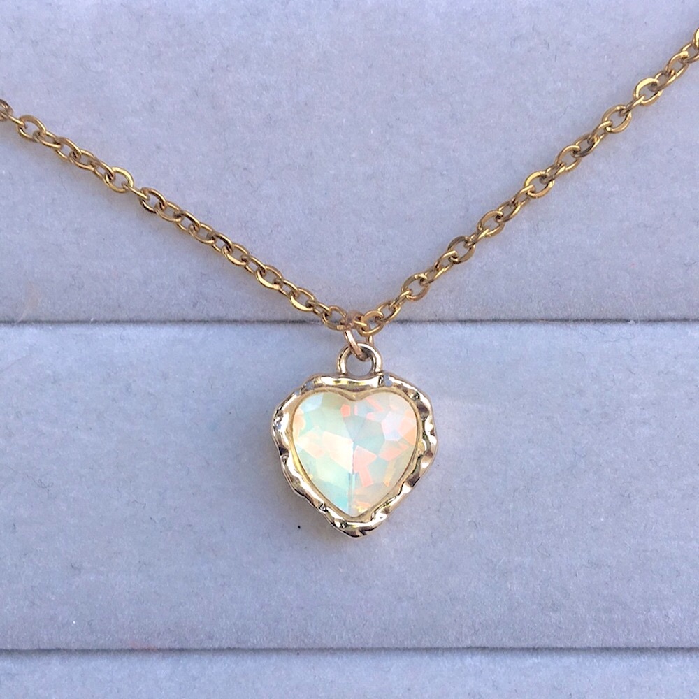 Yellow Opal Aurora Borealis + Gold Crystal Heart Drop Necklace